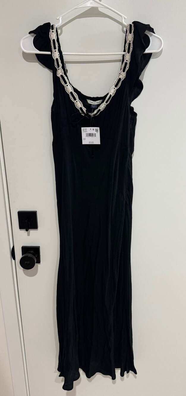 American Eagle Black Crochet Trim Ruffle Sleeve Maxi Dress Size S NWT